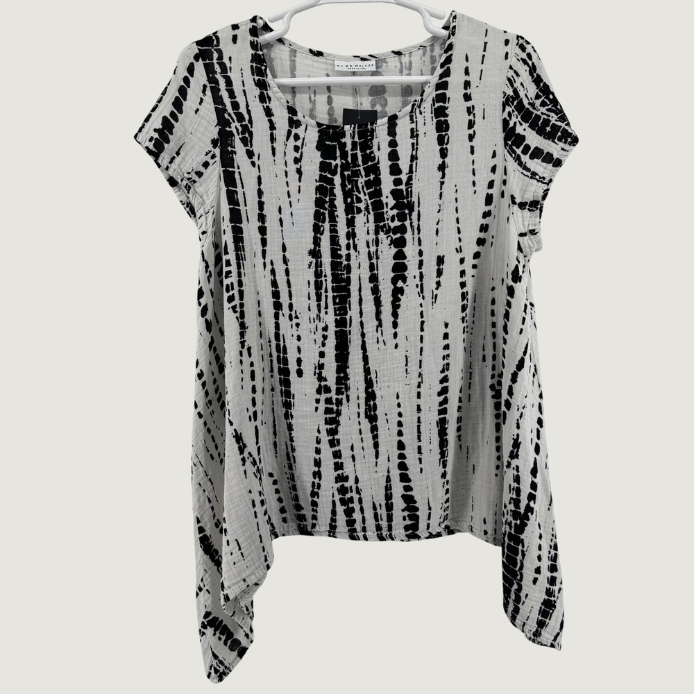New Bryn Walker Charlie Shirt Womens XL Cream Black Tie Dye Cotton Asymmetrical